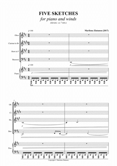 FIVE SKETSCHES, Quintet for Woodwinds (Oboe, Clarinet in Bb, Horn, Bassoon), and Piano