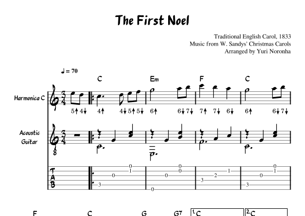 The First Noel - For Harmonica key C and Acoustic Guitar (Very Easy Christmas Carol) (arr. Yuri Noronha)