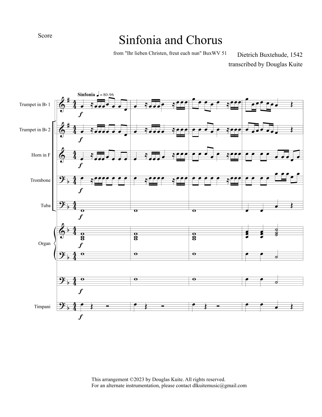 "Sinfonia and Chorus" (from 'Ihr lieben Christen') - brass quintet, organ or piano, opt timpani (arr. Douglas Kuite)