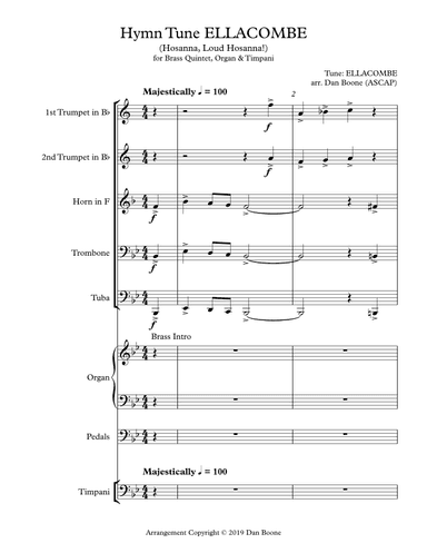 Hymn Tune ELLACOMBE for Brass Quintet, Organ & Timpani (arr. Dan Boone (ASCAP))