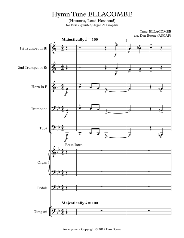 Hymn Tune ELLACOMBE for Brass Quintet, Organ & Timpani (arr. Dan Boone (ASCAP))