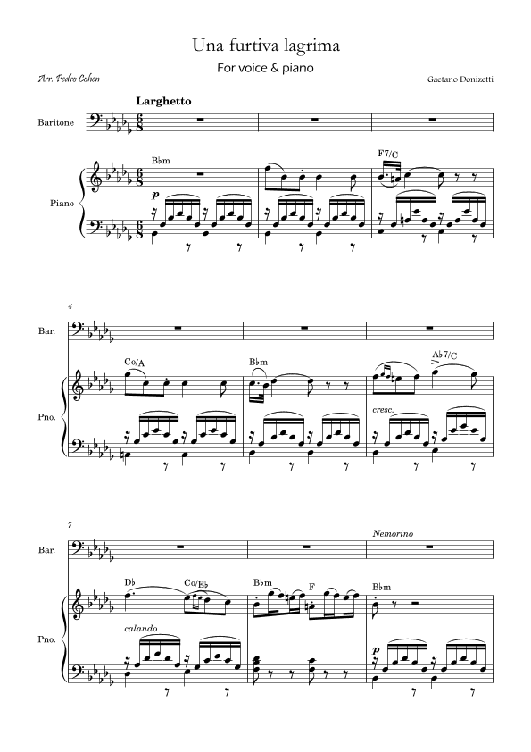Una Furtiva Lagrima (Baritone in Bbm) (arr. Pedro Cohen)