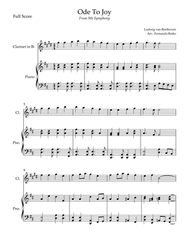Ode To Joy Theme (from Beethoven's 9th Symphony) for Clarinet in Bb Solo and Piano Accompaniment. (arr. Fernando Britto)