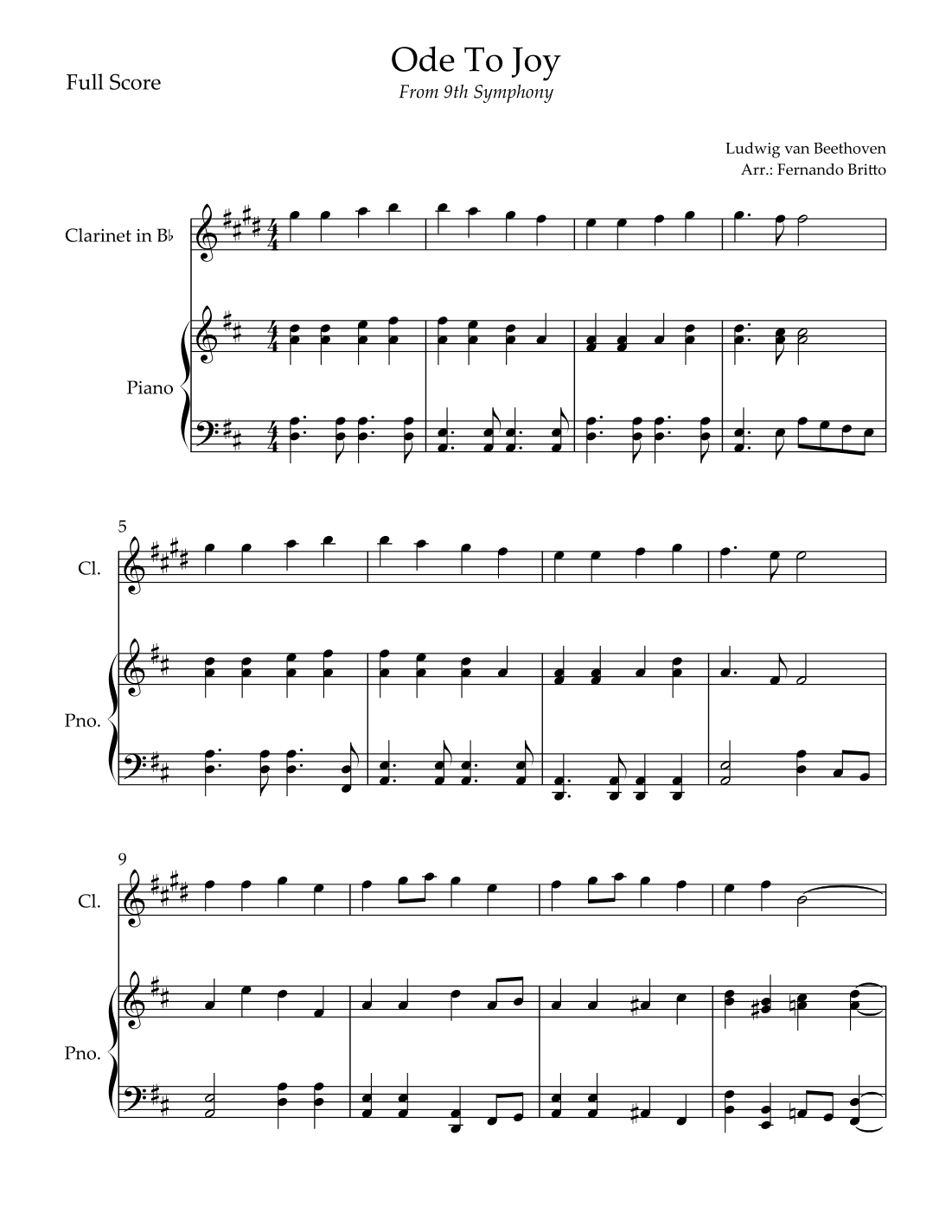 Ode To Joy Theme (from Beethoven's 9th Symphony) for Clarinet in Bb Solo and Piano Accompaniment. (arr. Fernando Britto)