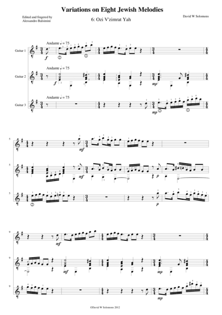Ozi v'zimrat yah (The Lord is my strength and song) for guitar trio (arr. David Warin Solomons)