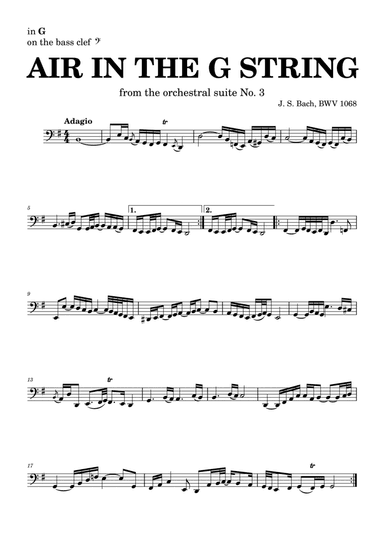 Air on the G string in D, BWV 1068 (accompanied) - for G instruments in bass clef (arr. Leyandder Trustworthy)