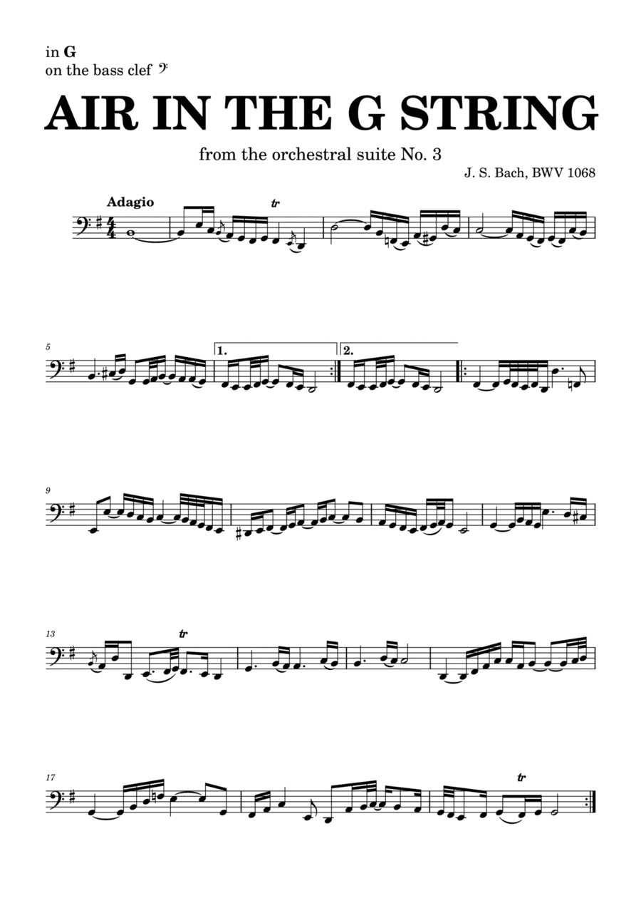 Air on the G string in D, BWV 1068 (accompanied) - for G instruments in bass clef (arr. Leyandder Trustworthy)