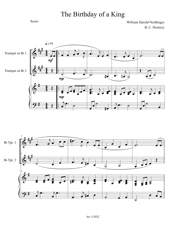 The Birthday of a King (Trumpet Duet with Piano Accompaniment) (arr. B. C. Dockery)