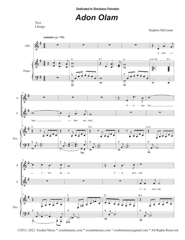 Adon Olam (Duet for Soprano and Alto solo)