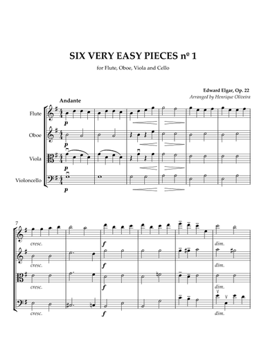Six Very Easy Pieces nº 1 (Andante) - For Flute, Oboe, Viola and Cello (arr. Henrique Oliveira)
