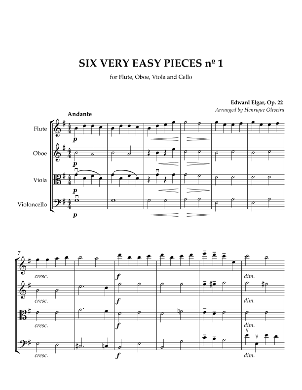 Six Very Easy Pieces nº 1 (Andante) - For Flute, Oboe, Viola and Cello (arr. Henrique Oliveira)