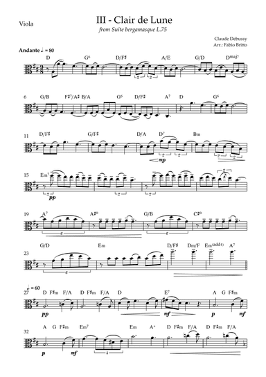 Clair de Lune (C. Debussy) for Viola Solo with Chords (C Major) (arr. Fabio Britto)
