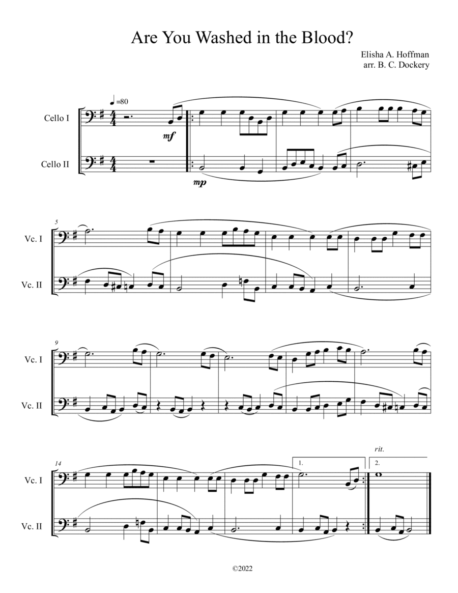 Are You Washed in the Blood? (Cello Duet) (arr. B. C. Dockery)