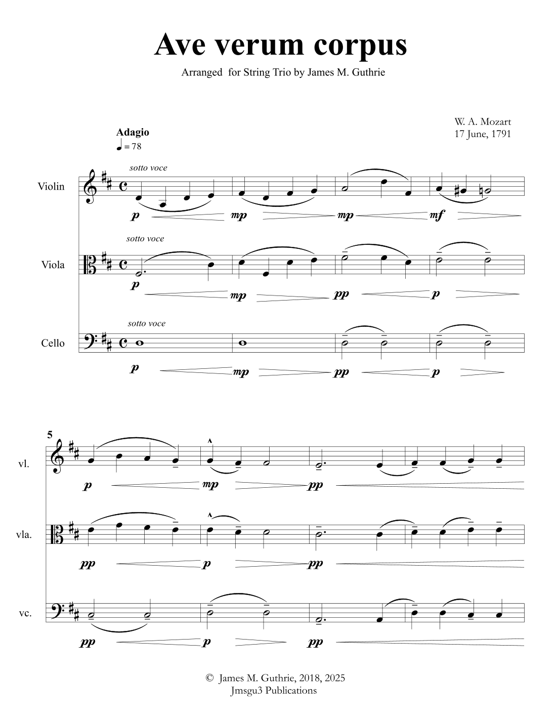Mozart: Ave Verum Corpus for String Trio (arr. James M. Guthrie, ASCAP)