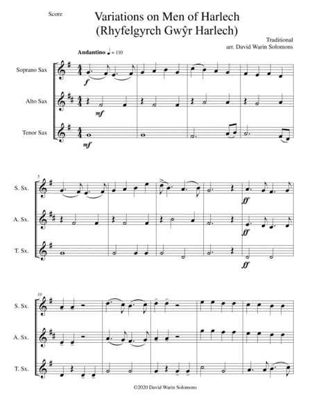 Variations on Men of Harlech (Rhyfelgyrch Gwyr Harlech ) arrangement for saxophone trio (arr. David Warin Solomons)