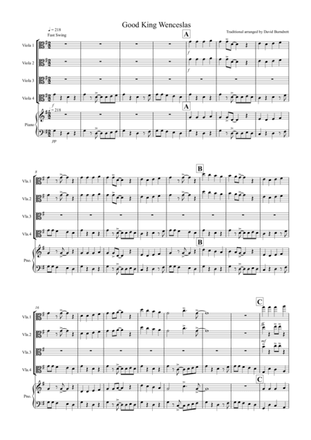 Good King Wenceslas (Jazzy Style!) for Viola Quartet (arr. David Burndrett)