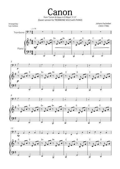 "Canon" by Pachelbel - EASY version for TROMBONE SOLO with PIANO (arr. Iury Cardoso)