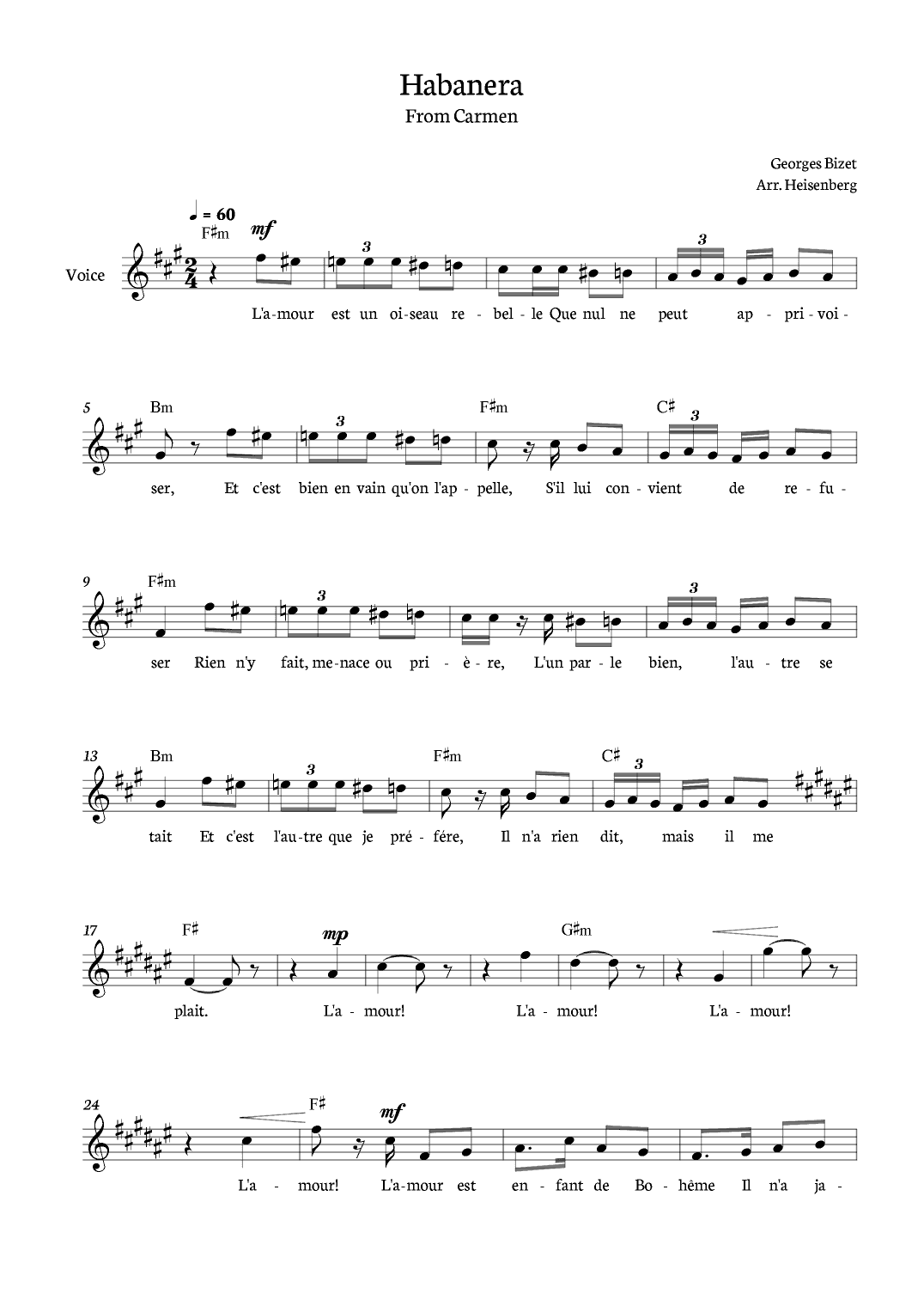 Habanera Carmen for voice in F# minor with chords. (arr. Heisenberg)