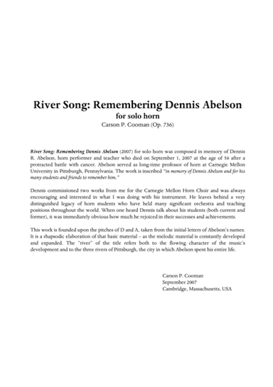 Carson Cooman: River Song: Remembering Dennis Abelson for horn