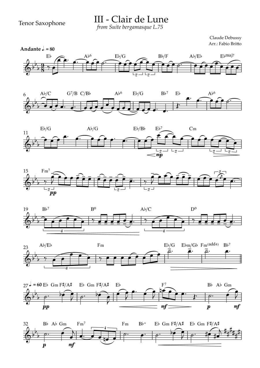 Clair de Lune (C. Debussy) for Tenor Saxophone Solo with Chords (Db Major) (arr. Fabio Britto)