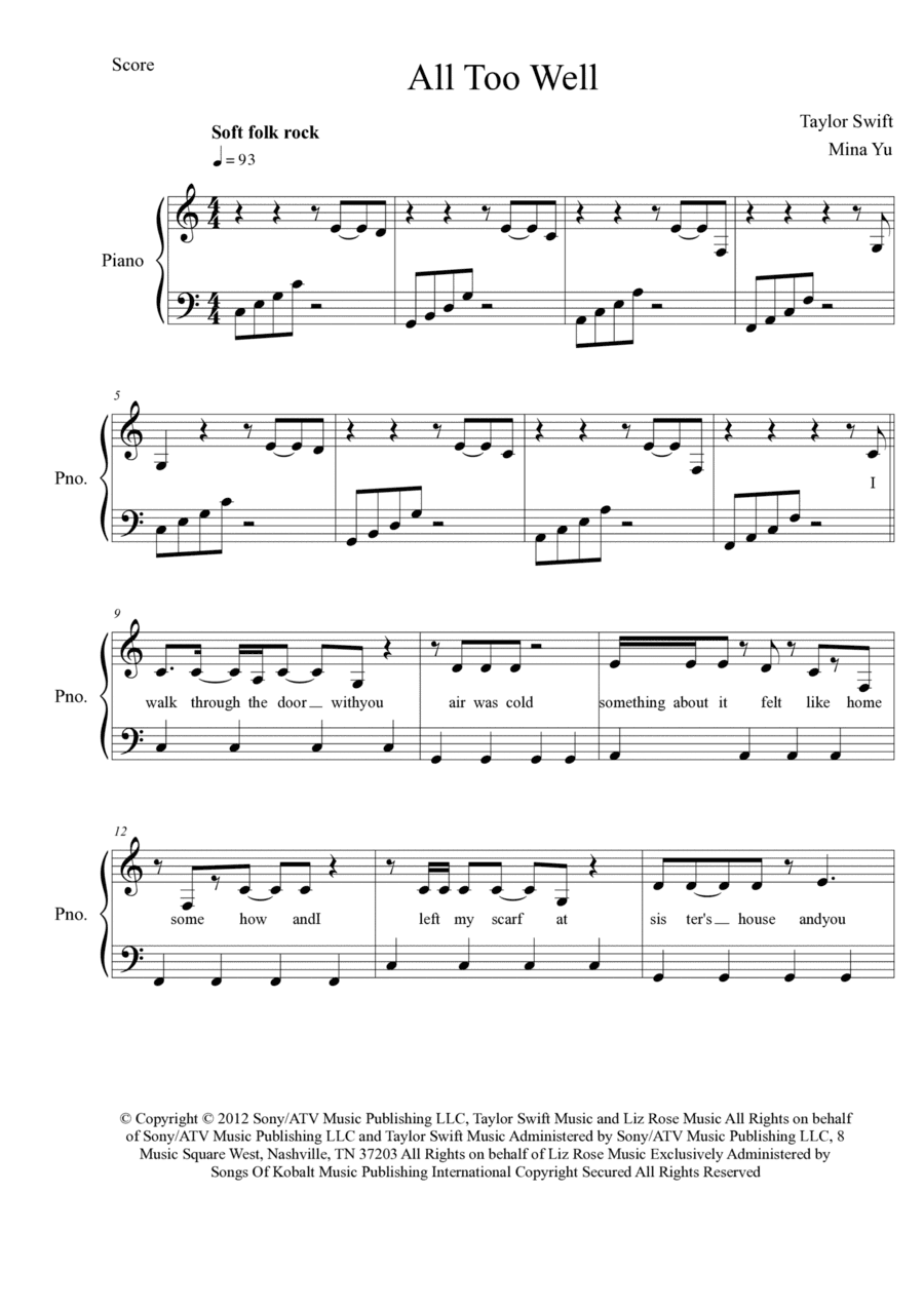 All Too Well (arr. Mina Yu)
