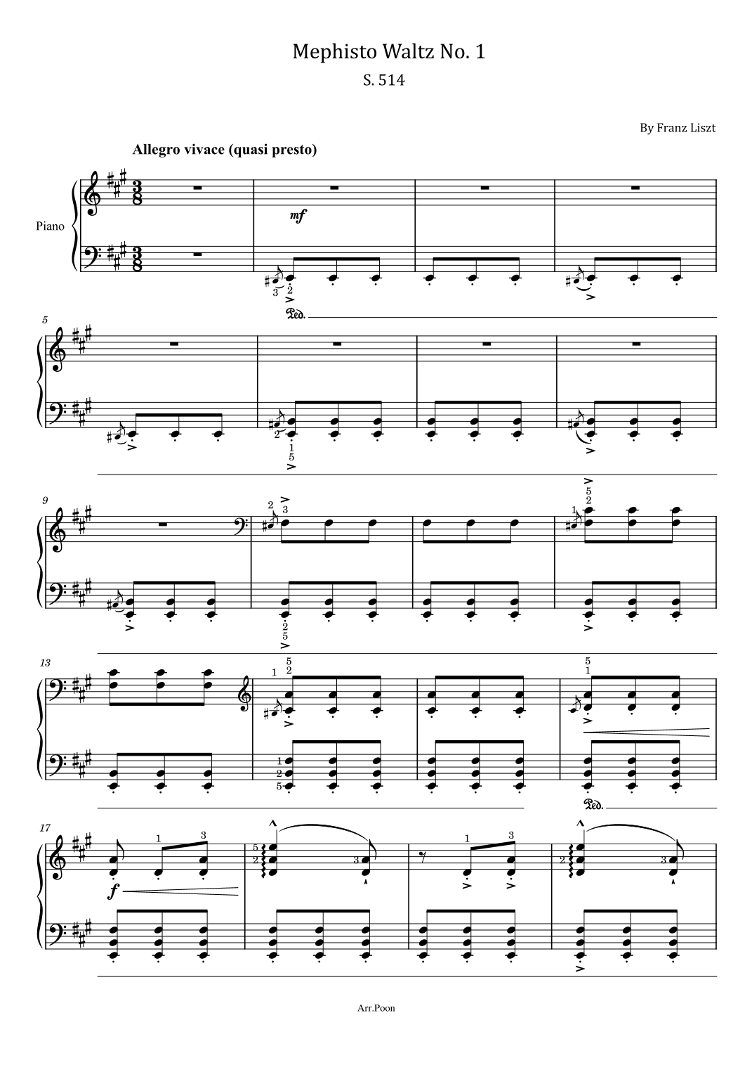 Franz Liszt - Mephisto Waltz No.1, S.514 - Original With Fingered - For Piano Solo (arr. poon)