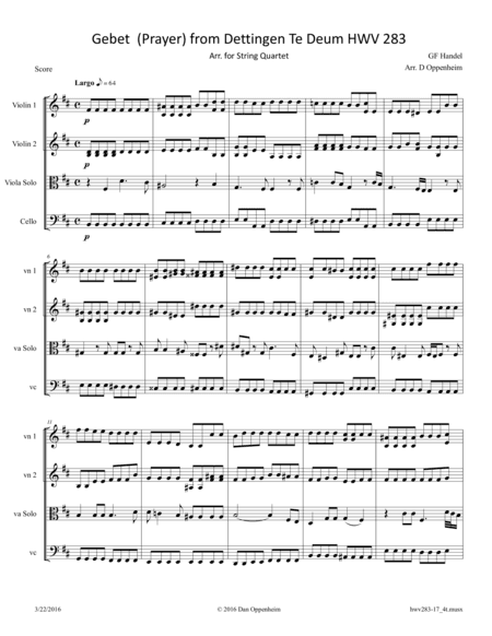 Handel: Gebet (Prayer) from Dettingen Te Deum HWV 283 arr. for String Quartet (arr. D Oppenheim)
