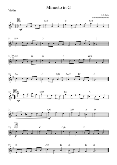 Minueto in G (J. S. Bach) for Violin Solo with Chords (arr. Fernando Britto)