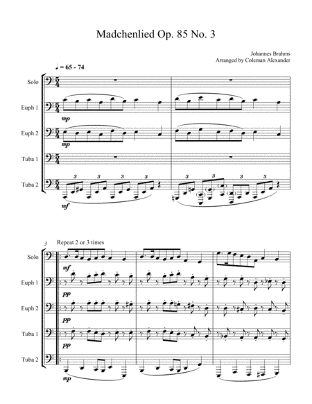 Mädchenlied Op .85, No. 3 for Tuba/Euphonium Quartet and Soloist (arr. Coleman Alexander)