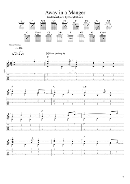 Away in a Manger (traditional), for solo fingerstyle guitar (arr. Daryl Shawn)