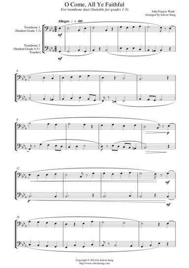 O Come, All Ye Faithful (for trombone duet, suitable for grades 1-5) (arr. Edwin Sung)