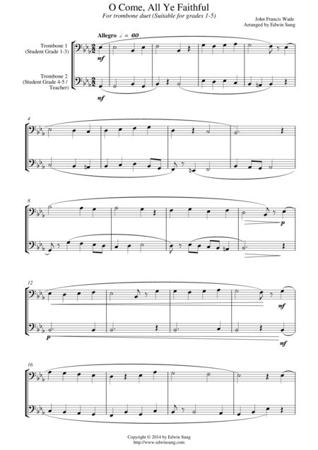 O Come, All Ye Faithful (for trombone duet, suitable for grades 1-5) (arr. Edwin Sung)