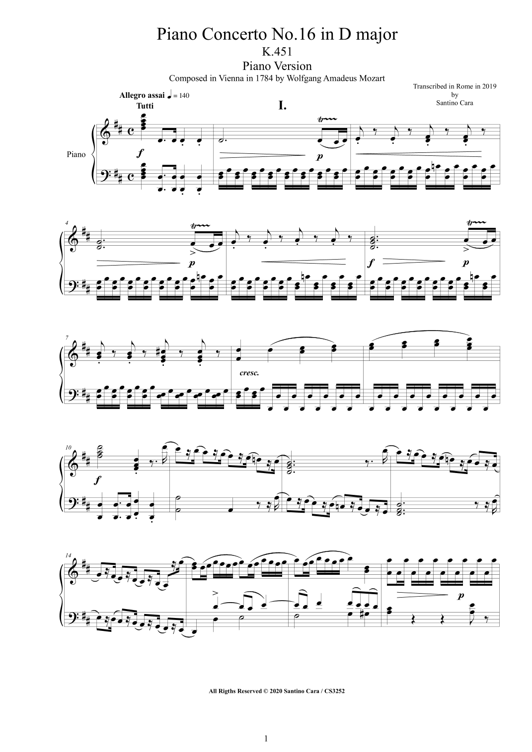 Mozart - Piano Concerto No.16 in D major K.451 - Piano Version (arr. Santino Cara)