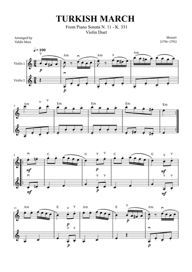 Turkish March - Violin Duet (with bowings and chords) (arr. Valdir Maia)