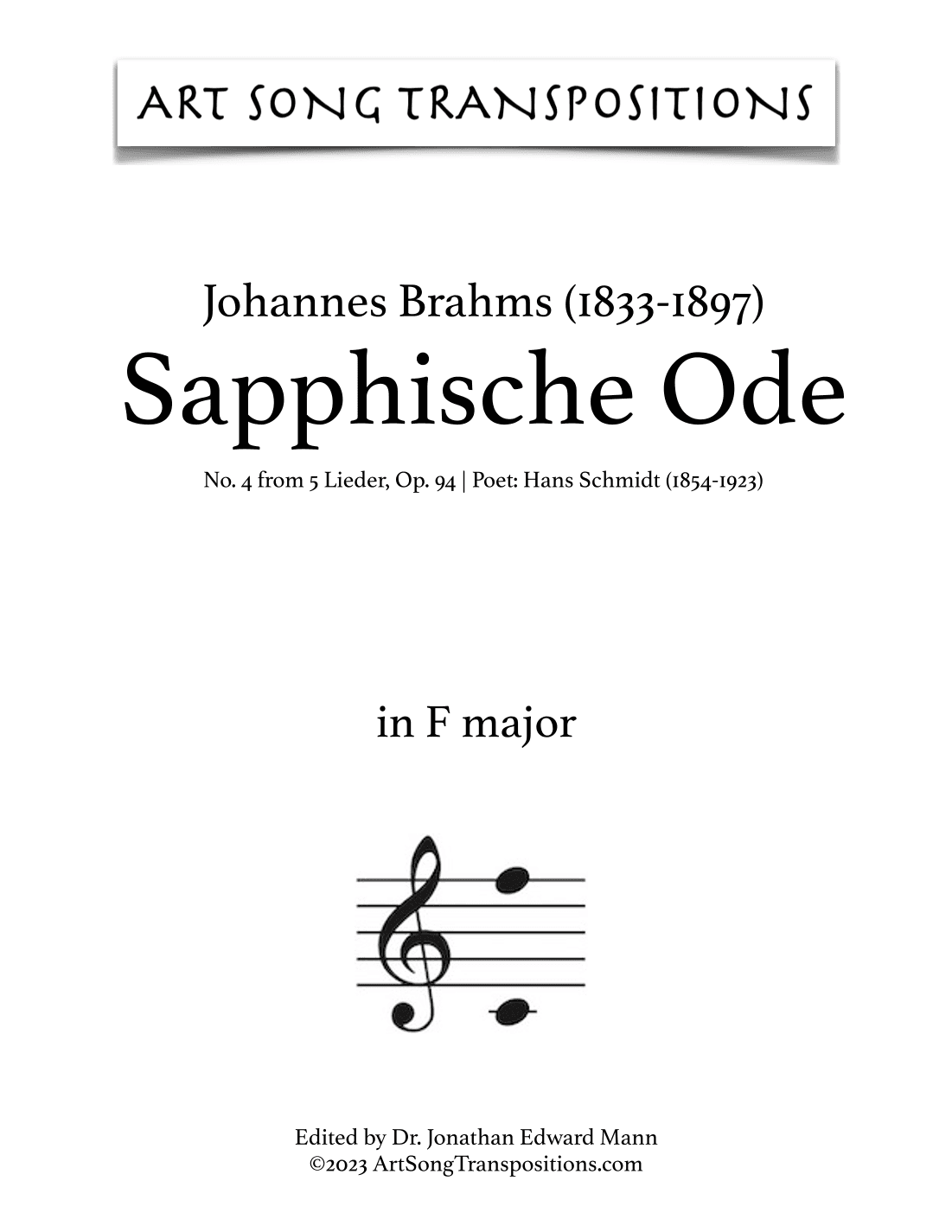 BRAHMS: Sapphische Ode, Op. 94 no. 4 (transposed to F major) (arr. ArtSongTranspositions.com)