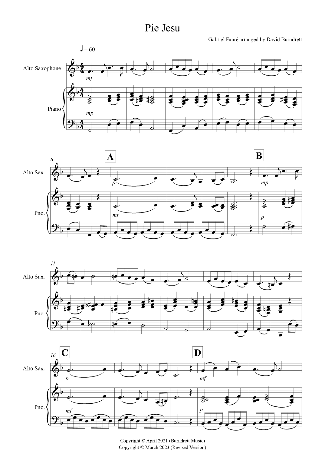 Pie Jesu (from Requiem) for Alto Saxophone and Piano (arr. David Burndrett)