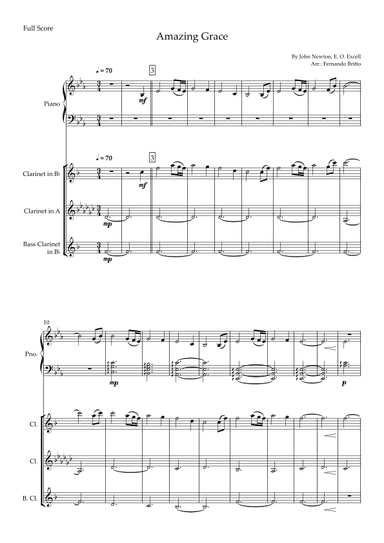 Amazing Grace (John Newton, E. O. Excell) for Clarinet Trio and and Piano Accompaniment with Chords (arr. Fernando Britto)
