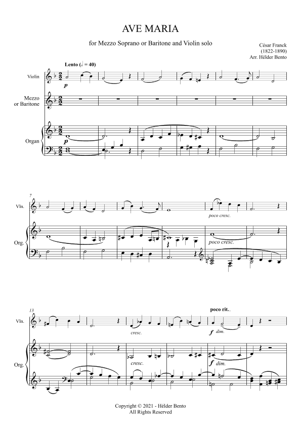 Avé Maria - César Franck for Medium Voice (Dm) and Violin Solo (arr. H. Bento)