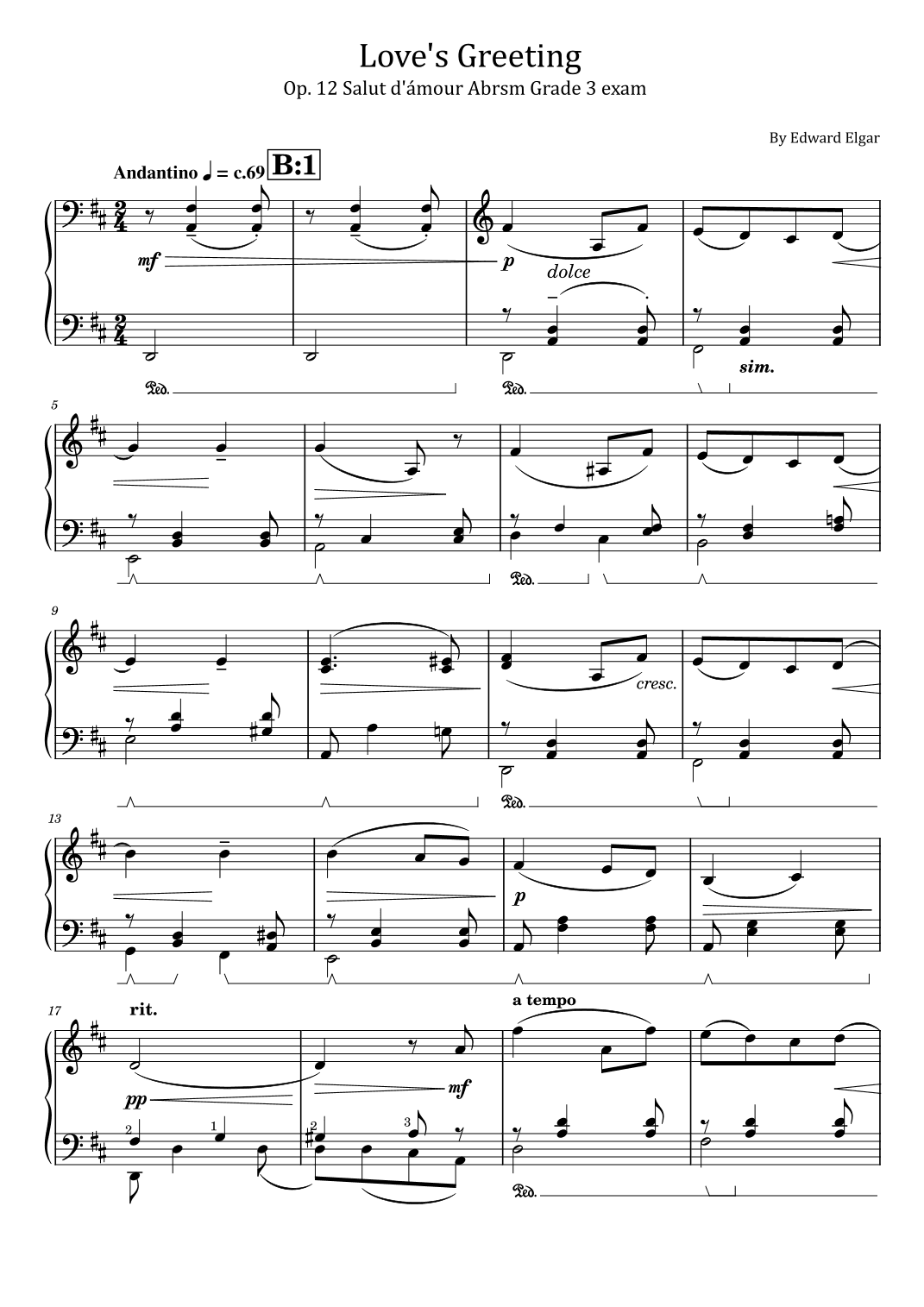 Love's Greeting Op.12 - Salut d'ámour Abrsm Grade 3 exam - For Easy Piano (arr. poon)