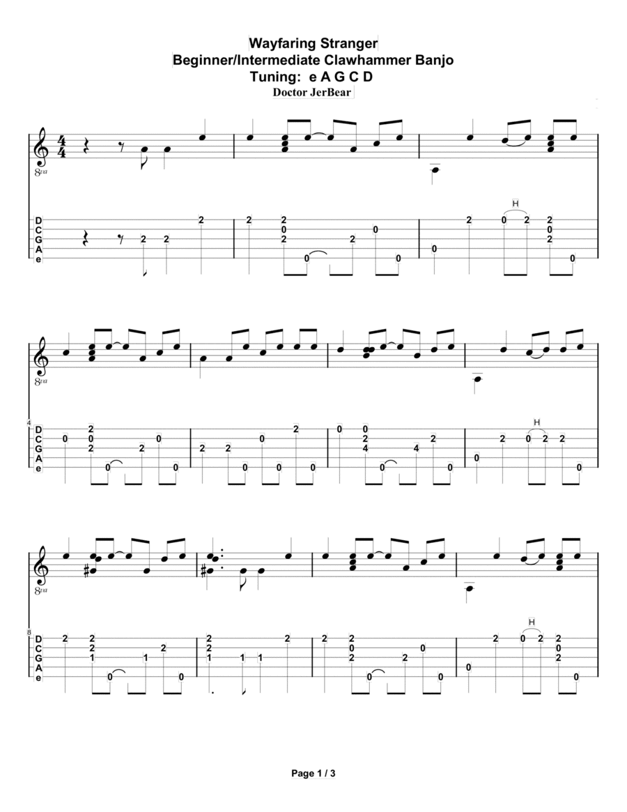 Doctor JerBear--Wayfaring Stranger--Beginner/Intermediate Clawhammer Banjo (arr. Doctor JerBear)