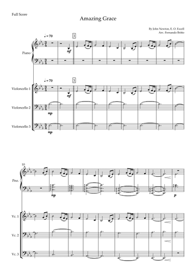 Amazing Grace (John Newton, E. O. Excell) for Cello Trio and and Piano Accompaniment with Chords (arr. Fernando Britto)