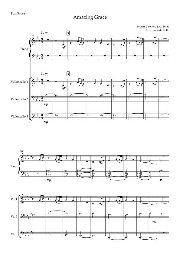 Amazing Grace (John Newton, E. O. Excell) for Cello Trio and and Piano Accompaniment with Chords (arr. Fernando Britto)