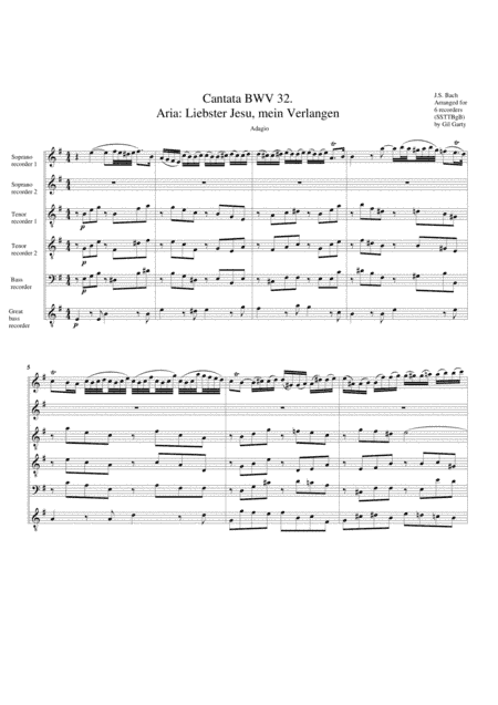 Aria: Liebster Jesu, mein Verlangen from Cantata BWV 32 (version in e) (arrangement for 6 recorders) (arr. Gil Garty)