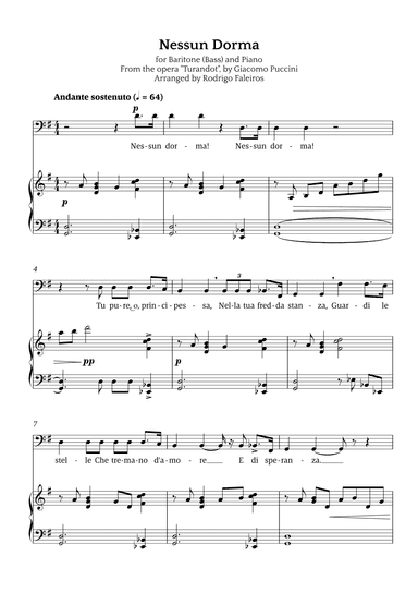 Nessun Dorma (for baritone or bass and piano) (arr. Rodrigo Faleiros)