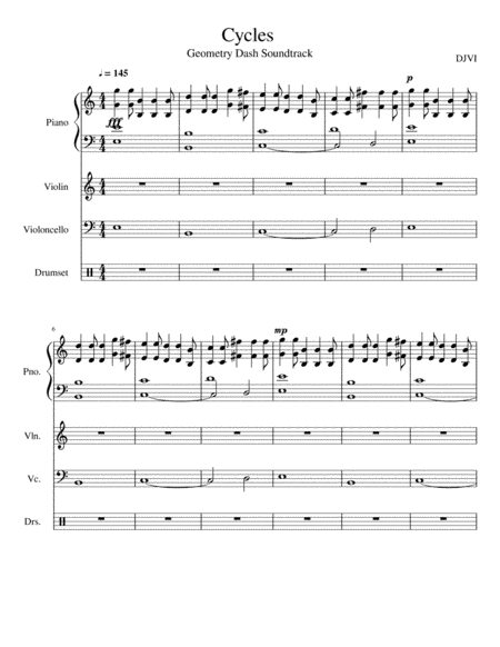 Cycles Geometry Dash Soundtrack by DJVI for Piano Trio Accompanied by a Drum Set Soundtrack Arranged (arr. Nikita Khryapin)