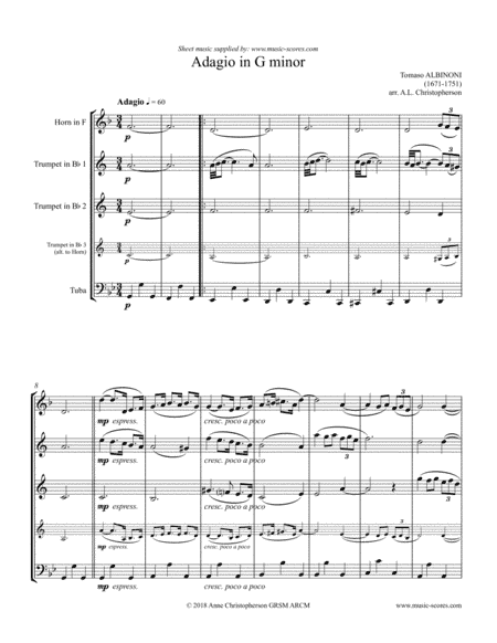 Albinoni Adagio - French Horn, 2 Trumpets and Tuba (arr. Anne L Christopherson GRSM ARCM)