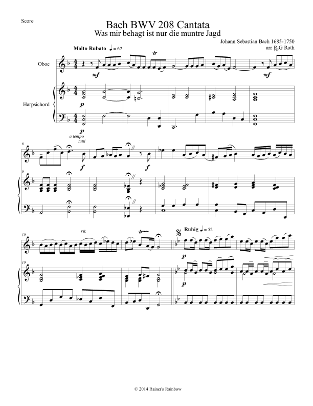 Bach BWV 208 Aria May Sheep Safely Graze Oboe or English Horn Solo (arr. R G Roth)