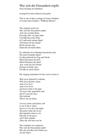Wer sich der Einsamkeit ergibt from Gesänge des Harfners arranged for oboe d'amore and guitar (arr. David Warin Solomons)