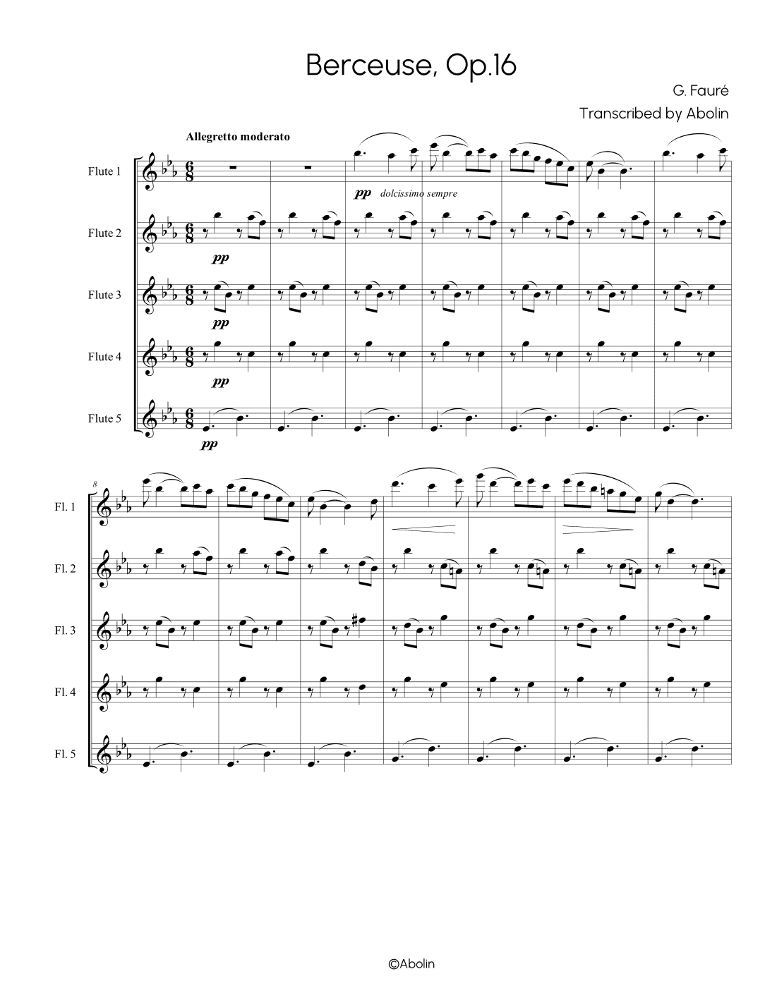 Fauré: Berceuse Op.16 - arr. for Flute Quintet (Flute Choir) (arr. Abolin)