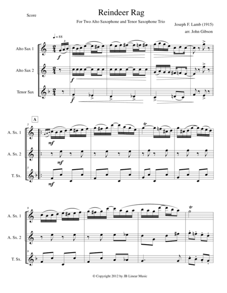 Reindeer Rag by Joseph Lamb for Saxophone Trio (AAT) (arr. John Gibson)